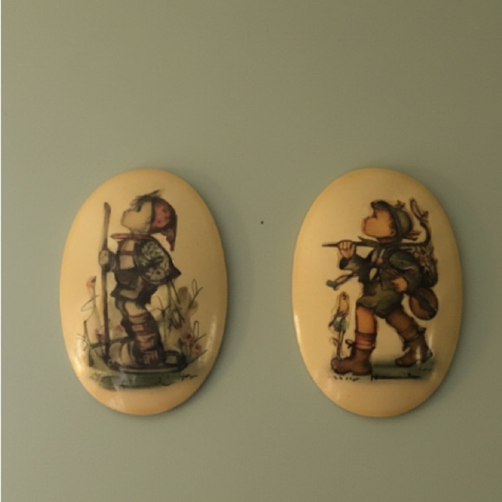 2 Vintage Folk Art Chalk Plaster wall hanging Hummel like plaques